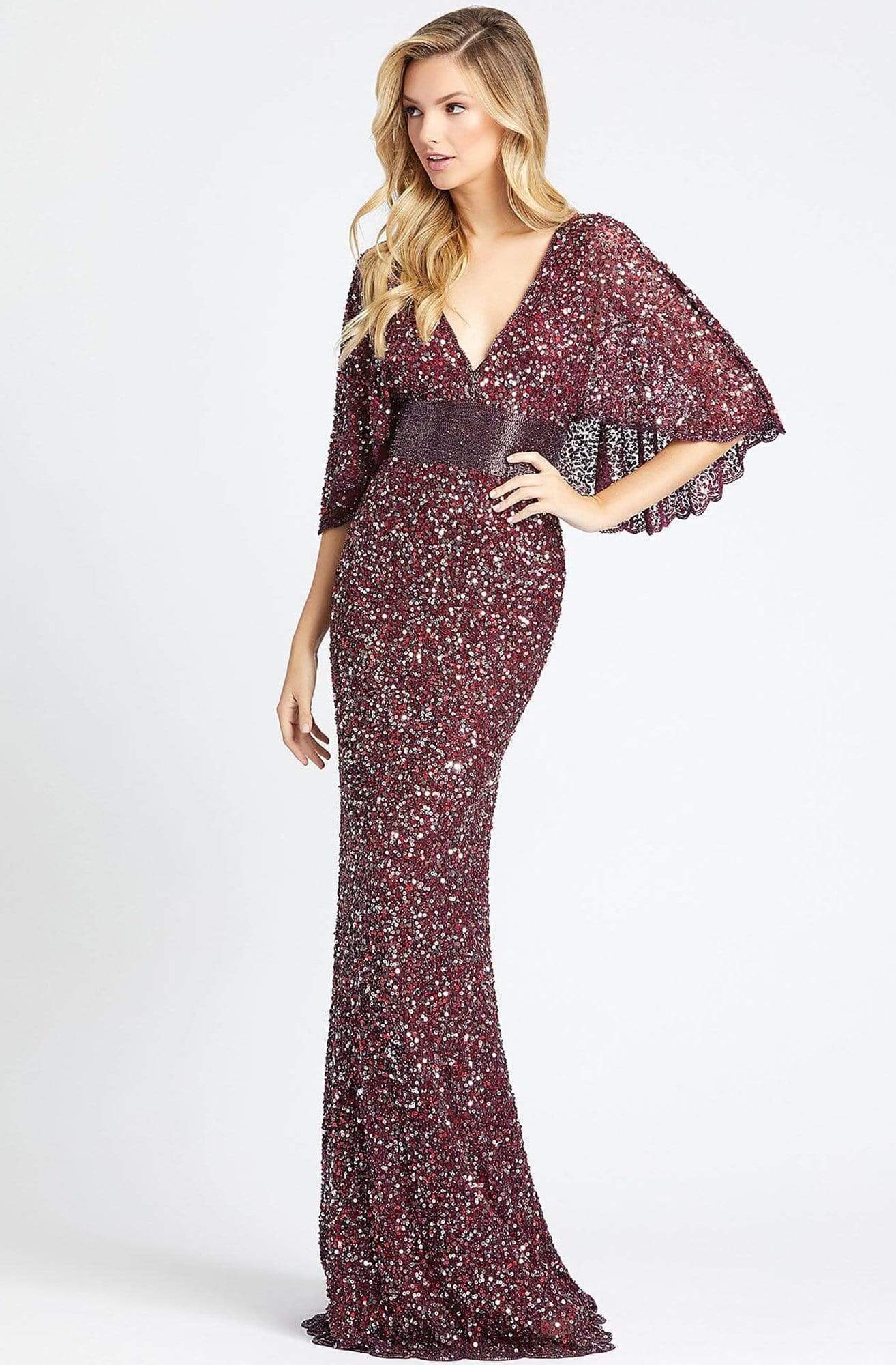 Mac Duggal Evening - 4808D Cape Sleeve Deep V-Neck Sequined Gown Special Occasion Dress 0 / Wine