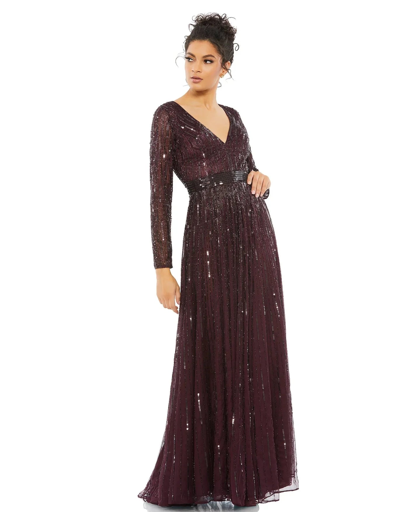 Mac Duggal Evening 4977D - Sequined V-Neck Evening Gown Evening Dresses 4 / Mulberry