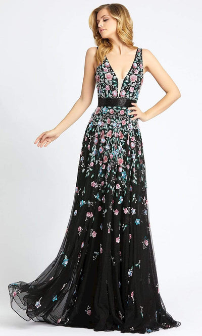 Mac Duggal Evening - 4983D Embellished Deep V-neck A-line Gown Evening Dresses 0 / Black Multi
