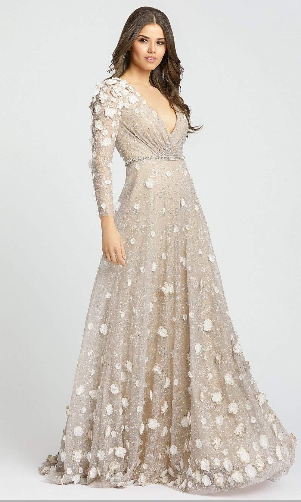 Mac Duggal Evening - 67503D Plunging Neck 3D Floral Lace A-Line Gown Evening Dresses 2 / Ivory/Nude