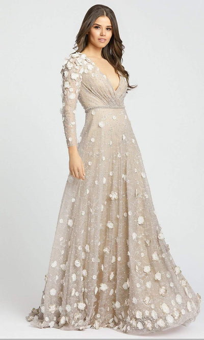 Mac Duggal Evening - 67503D Plunging Neck 3D Floral Lace A-Line Gown Evening Dresses 2 / Ivory/Nude