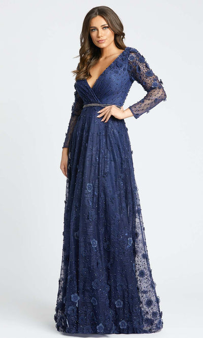 Mac Duggal Evening - 67503D Plunging Neck 3D Floral Lace A-Line Gown Evening Dresses 2 / Midnight Blue