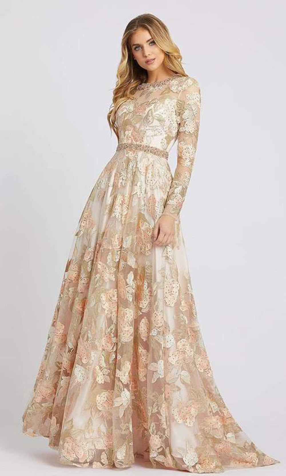 Mac Duggal - 79287DSC Pastel Floral Embroidered Sheer A-line Dress In Neutral