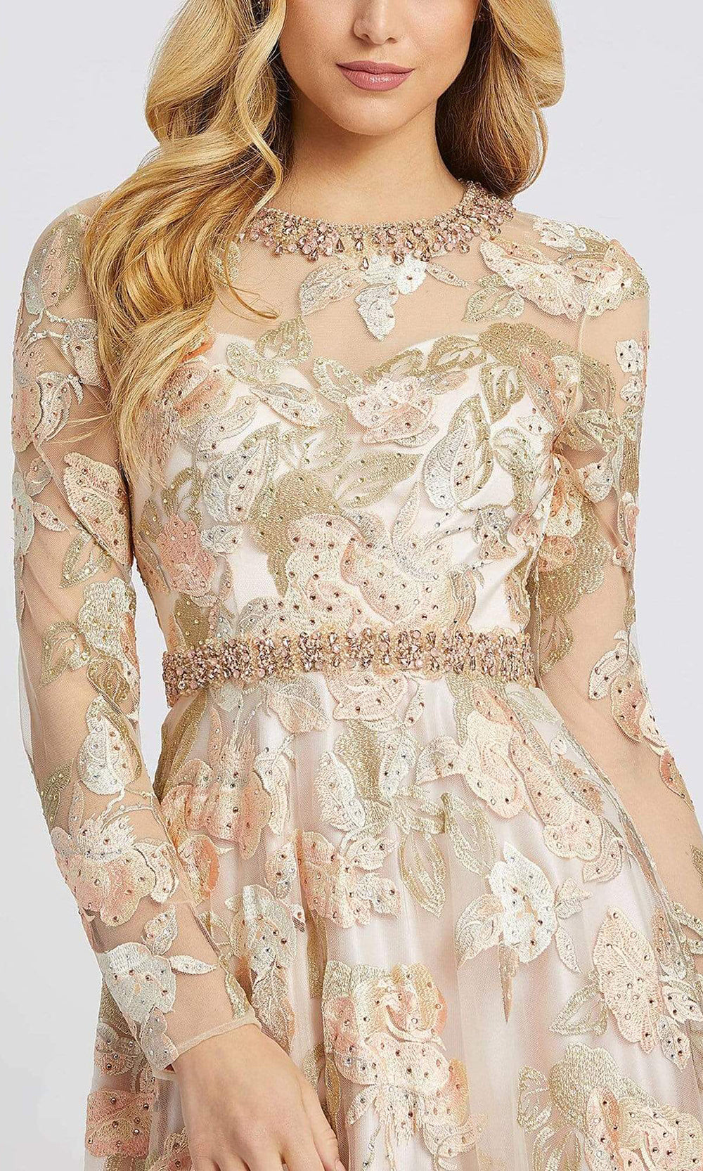 Mac Duggal - 79287DSC Pastel Floral Embroidered Sheer A-line Dress In Neutral