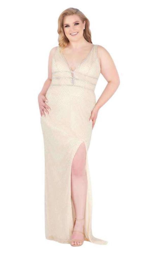 Mac Duggal Fabulouss - 4850F Beaded Plunging V-neck Sheath Dress Special Occasion Dress 14W / Candlelight