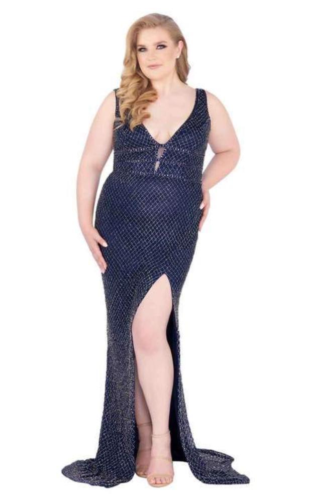 Mac Duggal Fabulouss - 4850F Beaded Plunging V-neck Sheath Dress Special Occasion Dress 14W / Midnight Blue