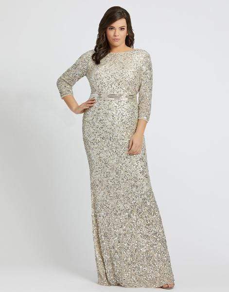 Mac Duggal Fabulouss - 5025F Sequined Three-Fourth Sleeves Long Gown Prom Dresses 14W / Nude/Silver