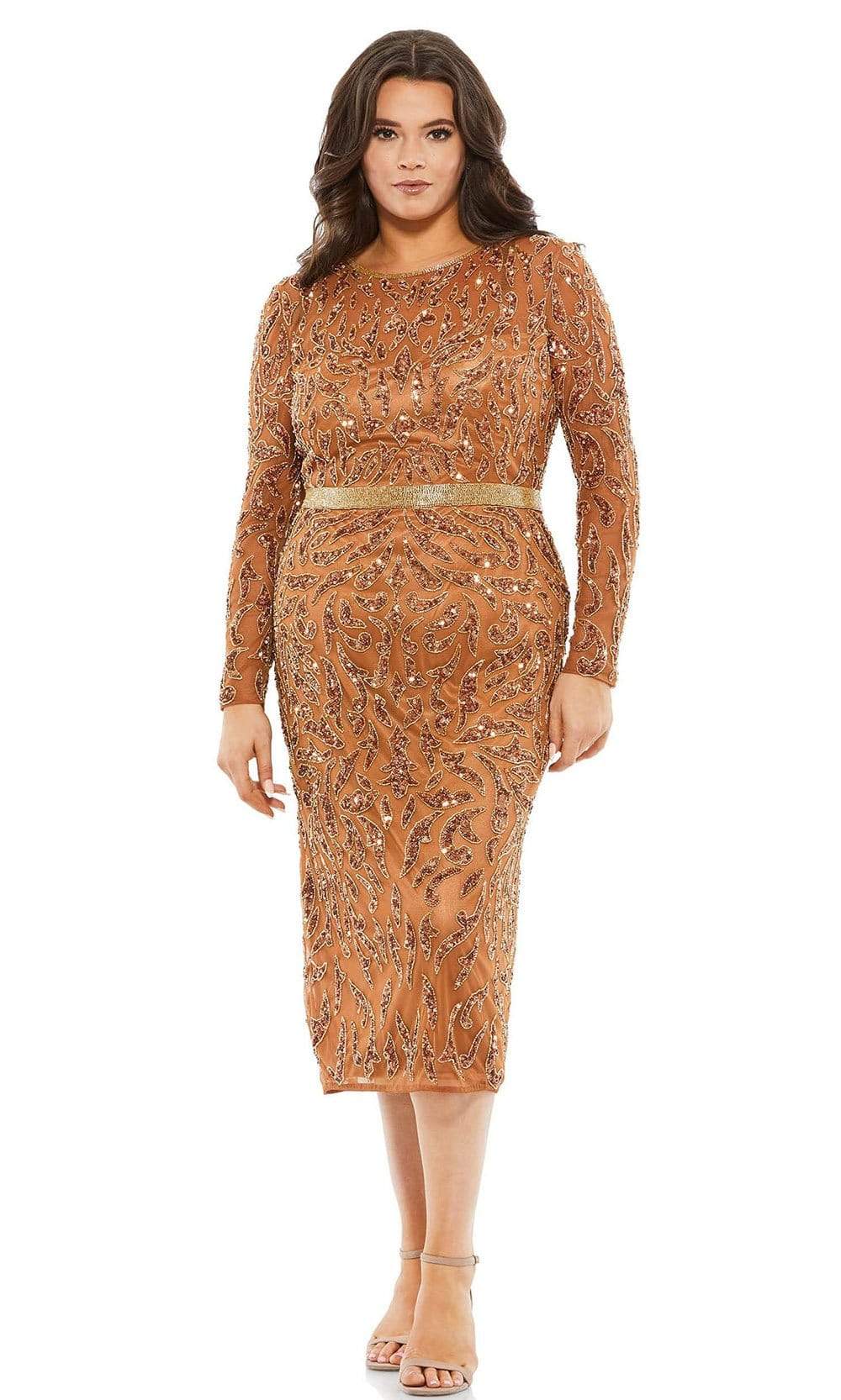 Mac Duggal Fabulouss - 5518F Jewel Neck Sequined Modest Dress Cocktail Dresses 14W / Copper