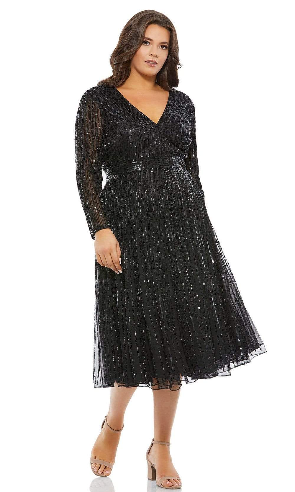 Mac Duggal Fabulouss - 5529F Long Sleeve Embellished A-Line Dress Special Occasion Dress 14W / Black