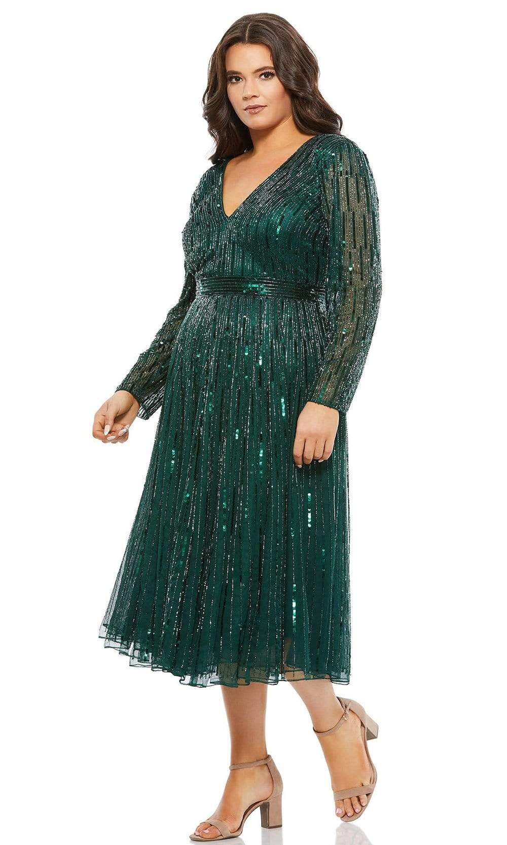 Mac Duggal Fabulouss - 5529F Long Sleeve Embellished A-Line Dress Special Occasion Dress 14W / Emerald Green
