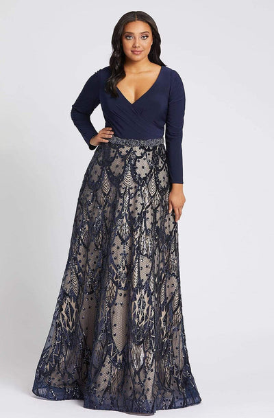 Mac Duggal Fabulouss - 67241F Long Sleeves Netted Long Dress Mother of the Bride Dresses 12W / Midnight Blue