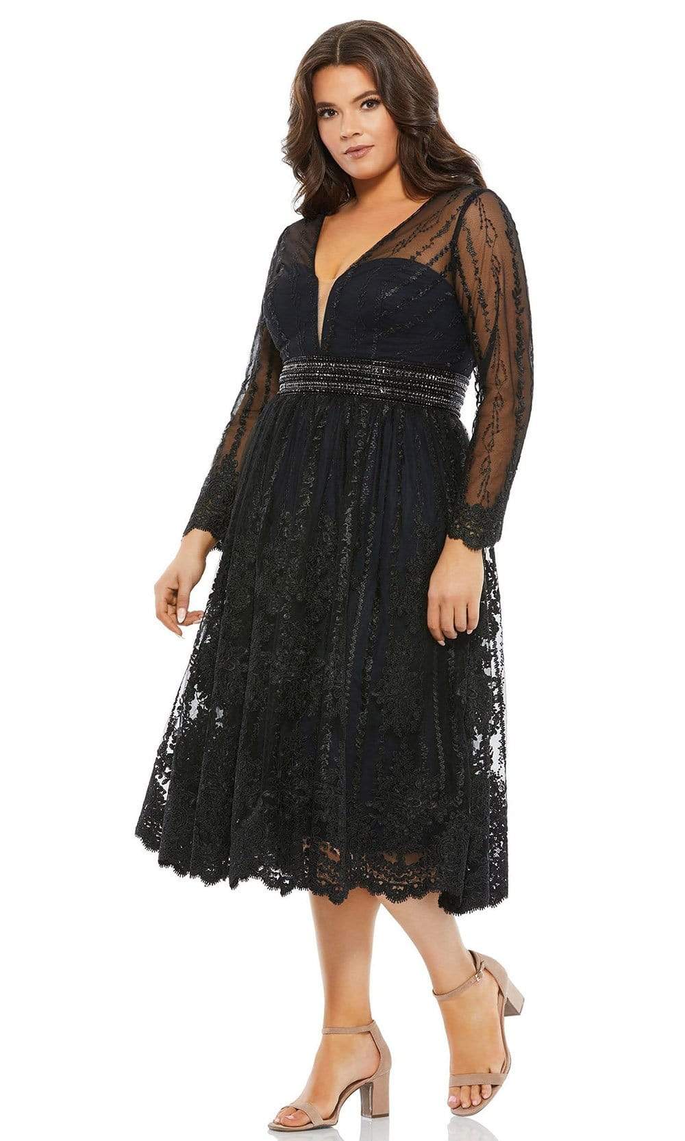 Mac Duggal Fabulouss - 67902F Plunging Neck Lace Midi Dress Cocktail Dresses 14W / Black
