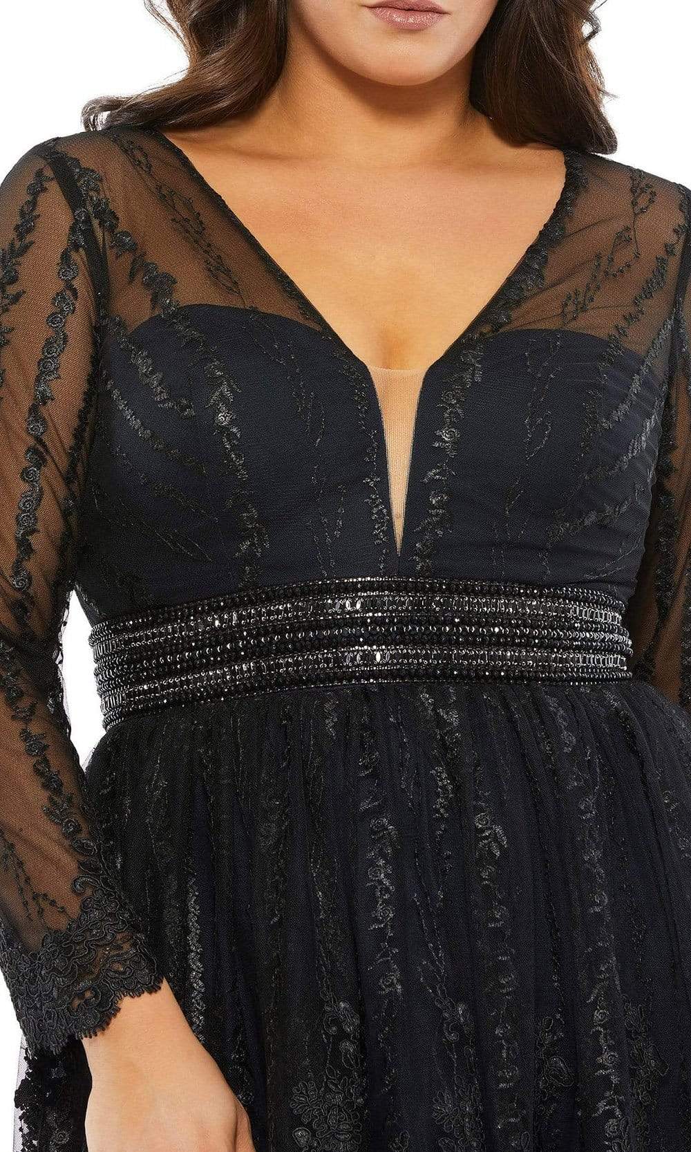 Mac Duggal Fabulouss - 67902F Plunging Neck Lace Midi Dress Cocktail Dresses