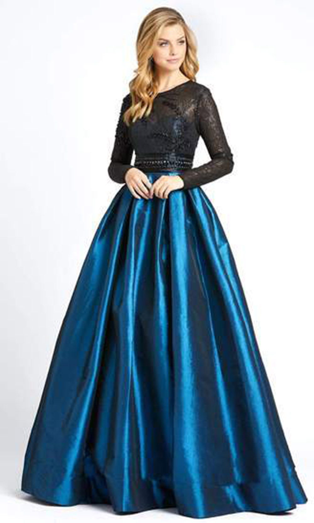 Mac Duggal - Lace Bodice Illusion Jewel A-Line Evening Dress 62883DSC In Black and Blue