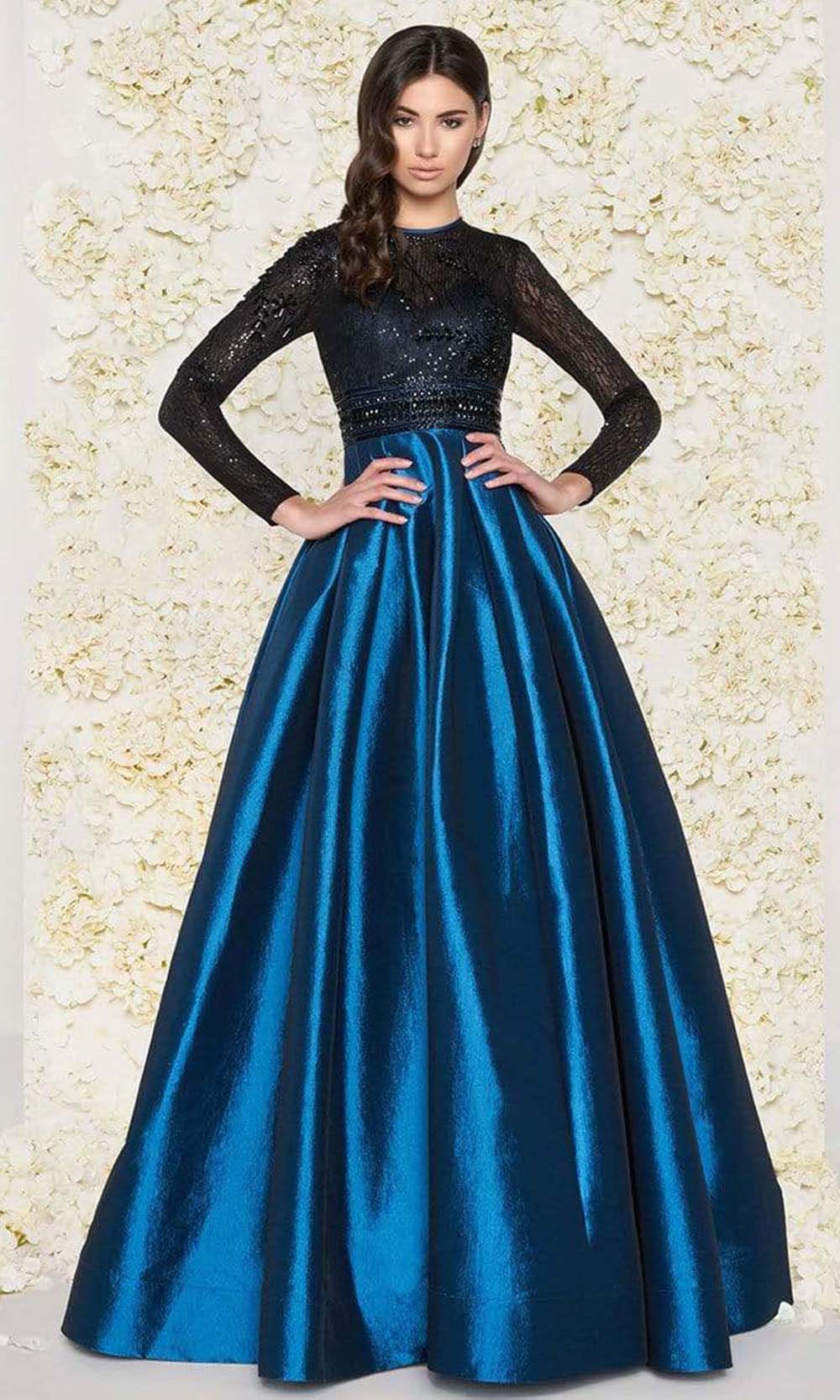 Mac Duggal - Lace Bodice Illusion Jewel A-Line Evening Dress 62883DSC In Black and Blue