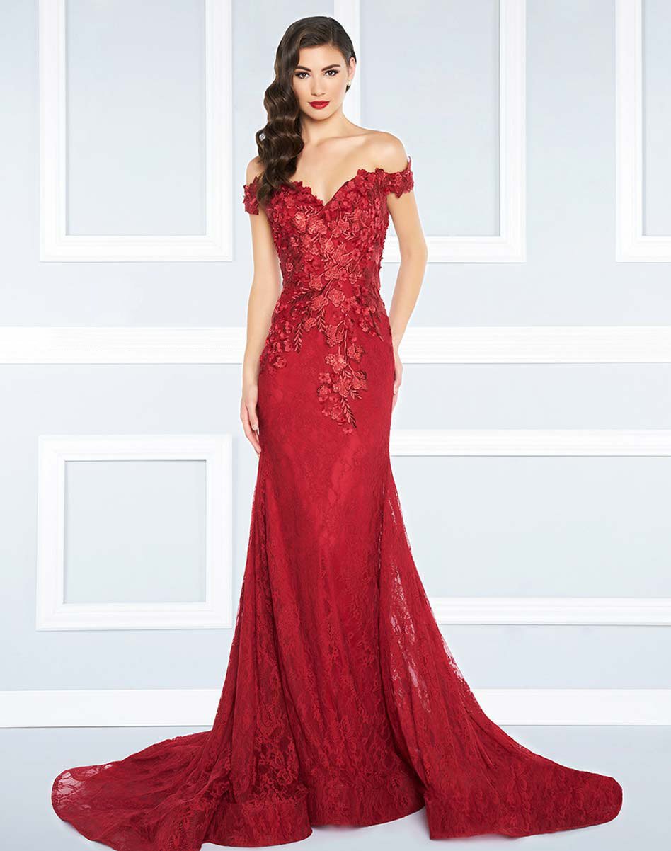 Mac Duggal - Off the Shoulder Rich Lace Gown 66214R CCSALE 6 / Ruby