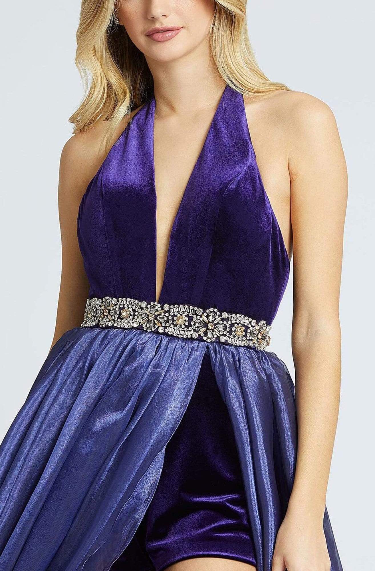 Mac Duggal Prom - 12307M Bejeweled Halter V-neck Romper With Overskirt Prom Dresses