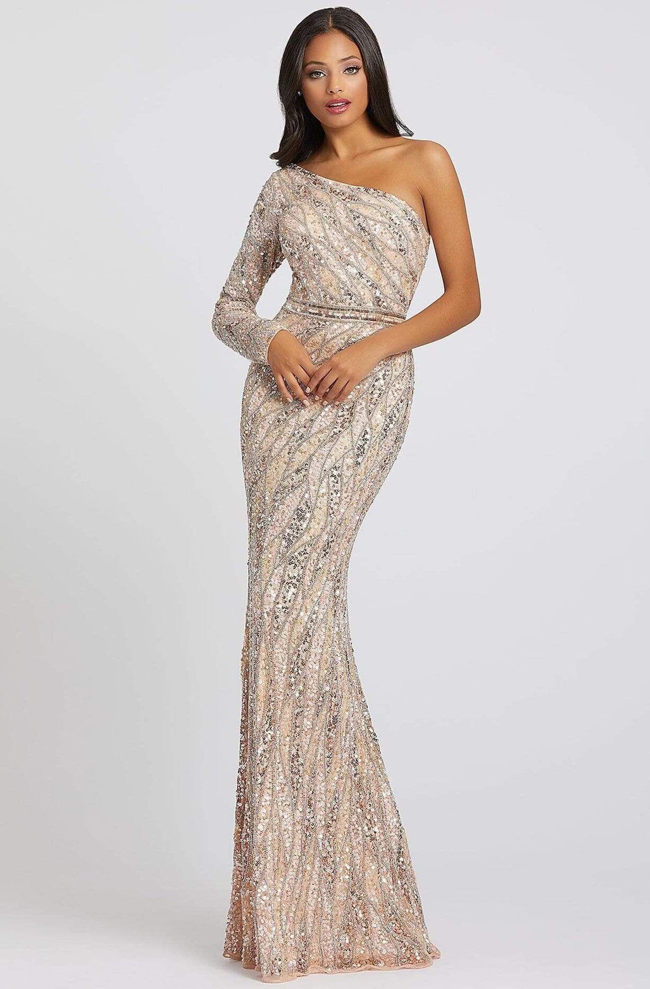 Mac Duggal Prom - 4982M Asymmetrical Long Sleeve Sheath Gown Prom Dresses 0 / Rose/Gold
