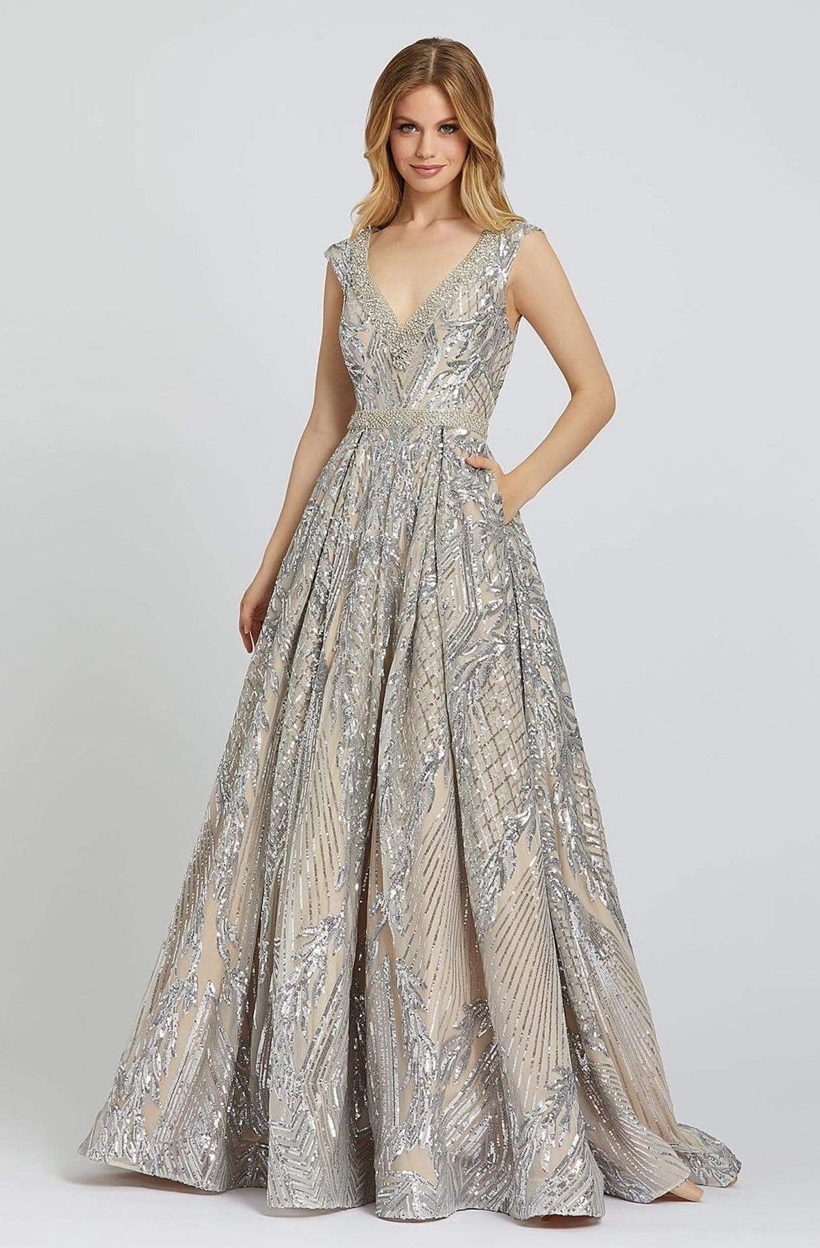 Mac Duggal Prom - 67118M Embellished Plunging V-neck A-line Gown Evening Dresses 0 / Silver