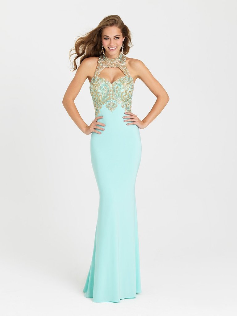 Madison James 16-396 Embroidered High Halter Neck Fitted Evening Gown 1Pc. Aqua in size 8 Available CCSALE 8 / Aqua