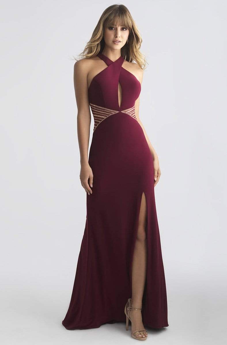 Madison James - 18-661 Fitted Halter Keyhole Evening Dress Special Occasion Dress 2 / Wine
