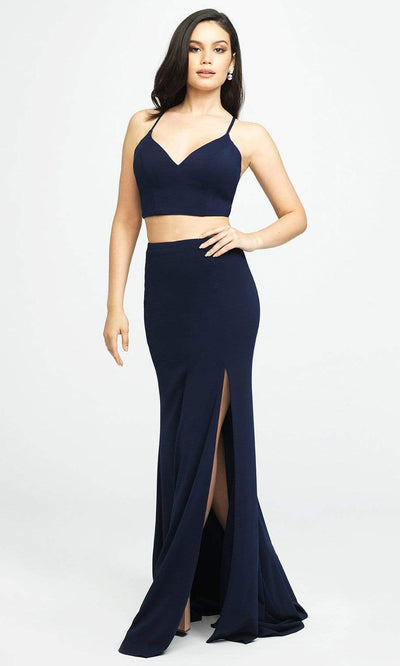 Madison James - 19-123 Crop Top Sheath Skirt with Slit Jersey Dress Pageant Dresses 2 / Navy