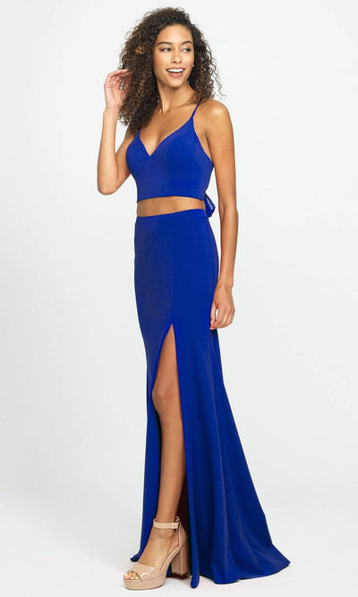 Madison James - 19-123 Crop Top Sheath Skirt with Slit Jersey Dress Pageant Dresses 2 / Royal