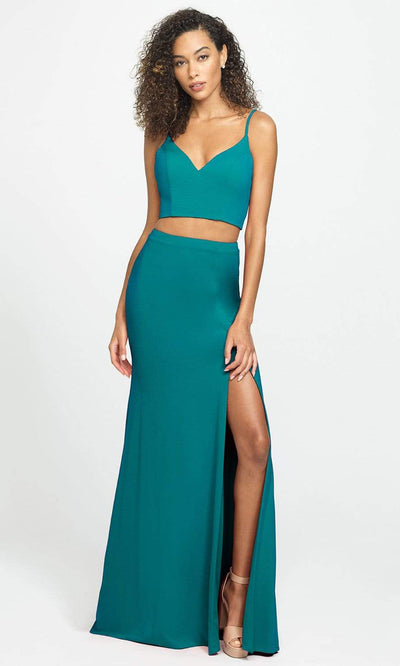 Madison James - 19-123 Crop Top Sheath Skirt with Slit Jersey Dress Pageant Dresses 2 / Teal