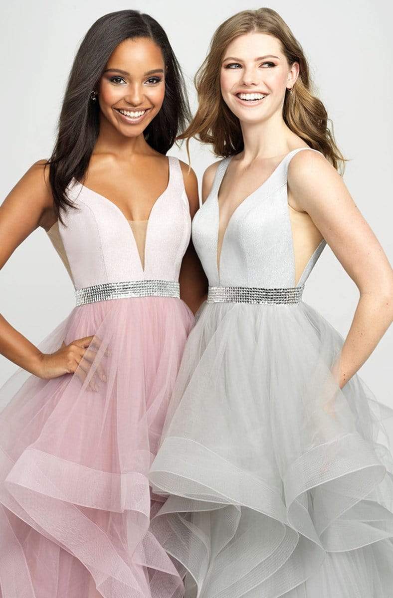 Madison James - 19-138 Sleeveless Plunging V-Neck Ruffled Evening Gown - 1 pc Silver in Size 6 and 1 pc Pink in size 6  Available CCSALE