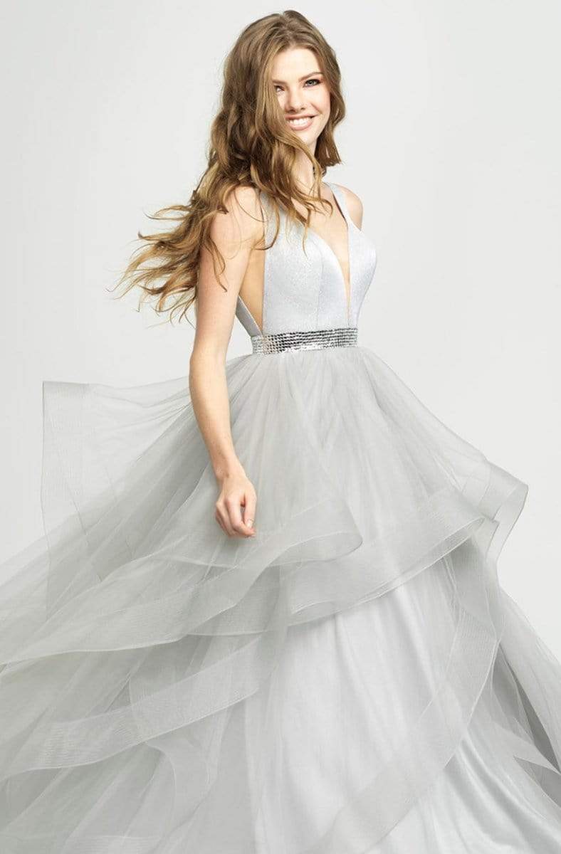 Madison James - 19-138 Sleeveless Plunging V-Neck Ruffled Evening Gown - 1 pc Silver in Size 6 and 1 pc Pink in size 6  Available CCSALE
