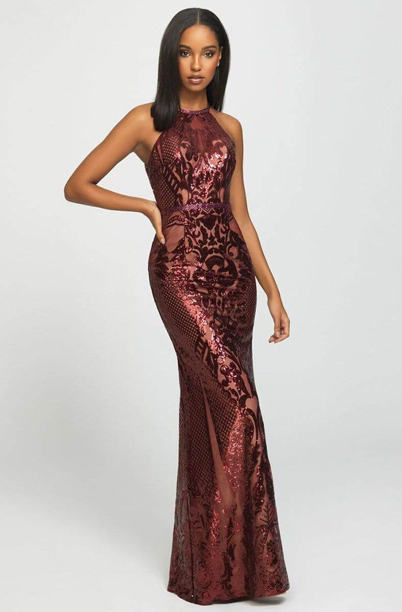 Madison James - 19-173 Sequined Halter Trumpet Dress Special Occasion Dress 0 / Wine