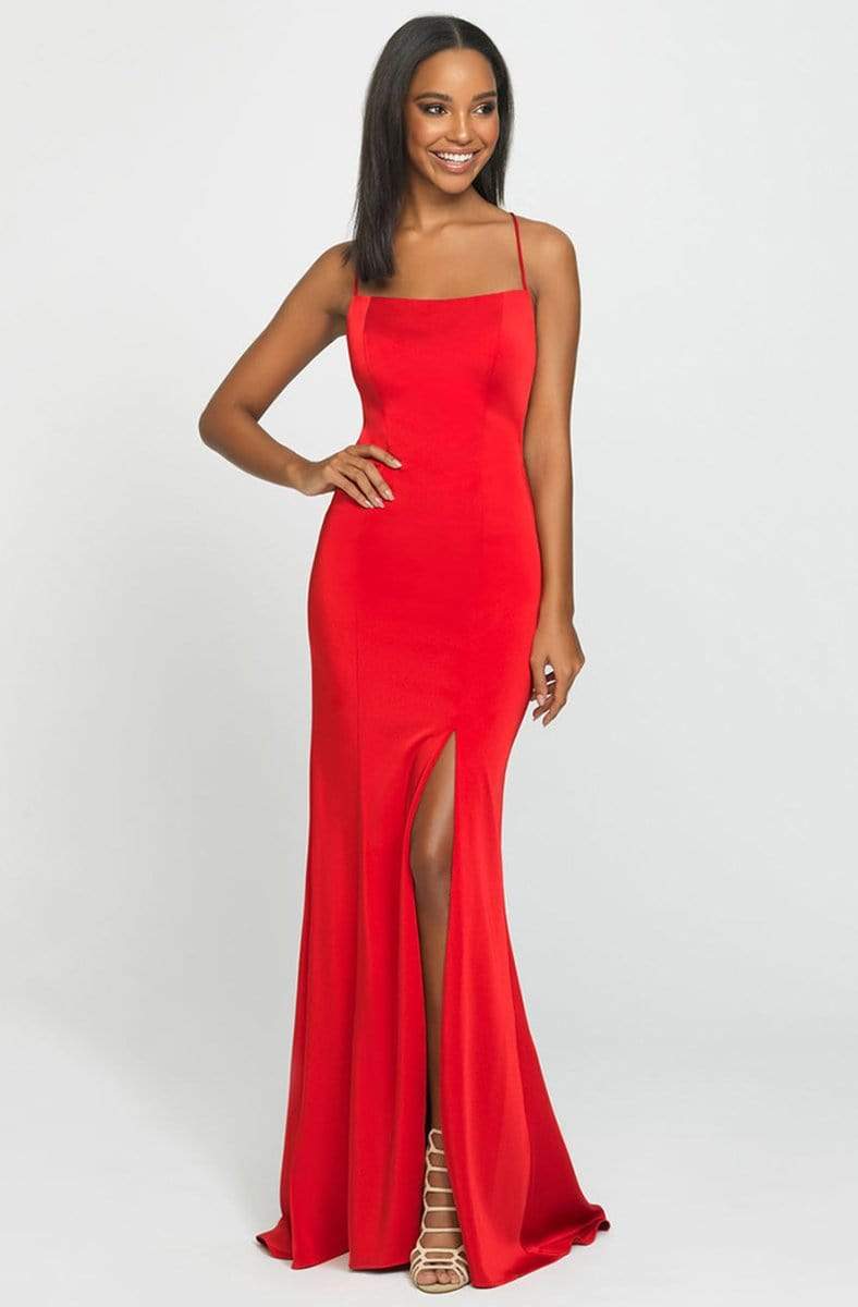 Madison James - 19-185 Crisscross Strapped Backless High Slit Gown Special Occasion Dress 0 / Red