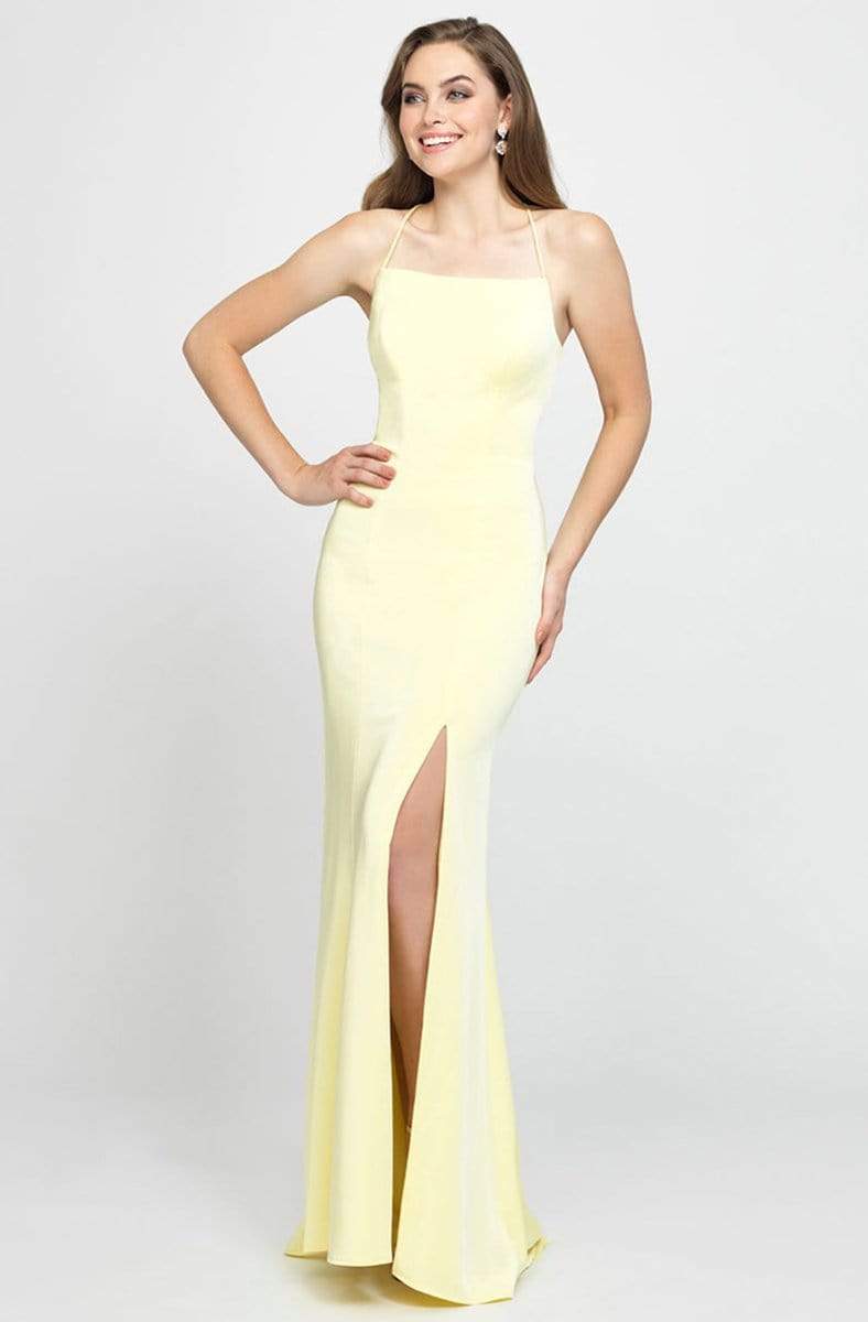Madison James - 19-185 Crisscross Strapped Backless High Slit Gown Special Occasion Dress 0 / Yellow