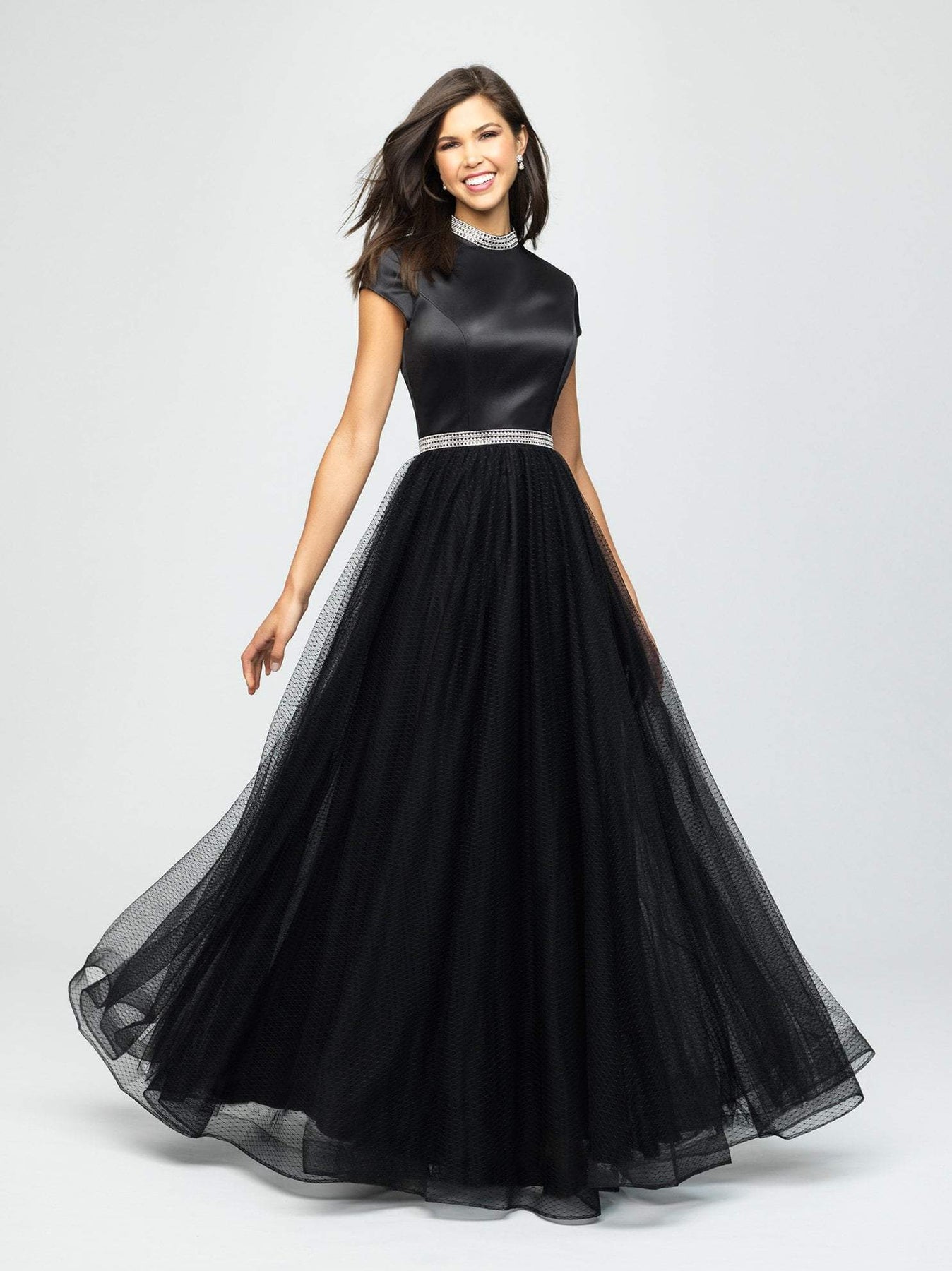 Madison James - 19-255M Satin High Neck Dotted Swiss Tulle Aline Dress Special Occasion Dress 0 / Black