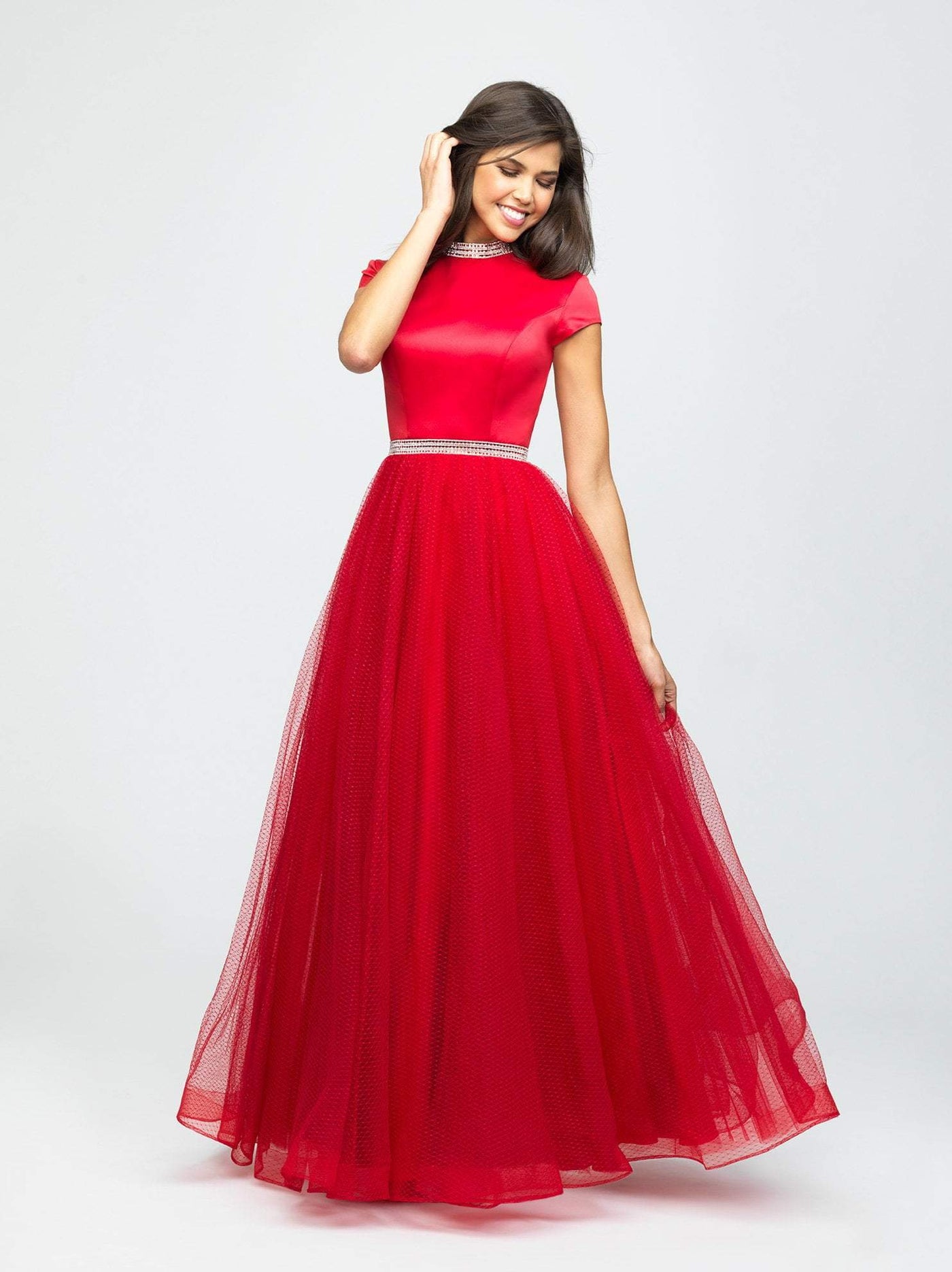 Madison James - 19-255M Satin High Neck Dotted Swiss Tulle Aline Dress Special Occasion Dress 0 / Red