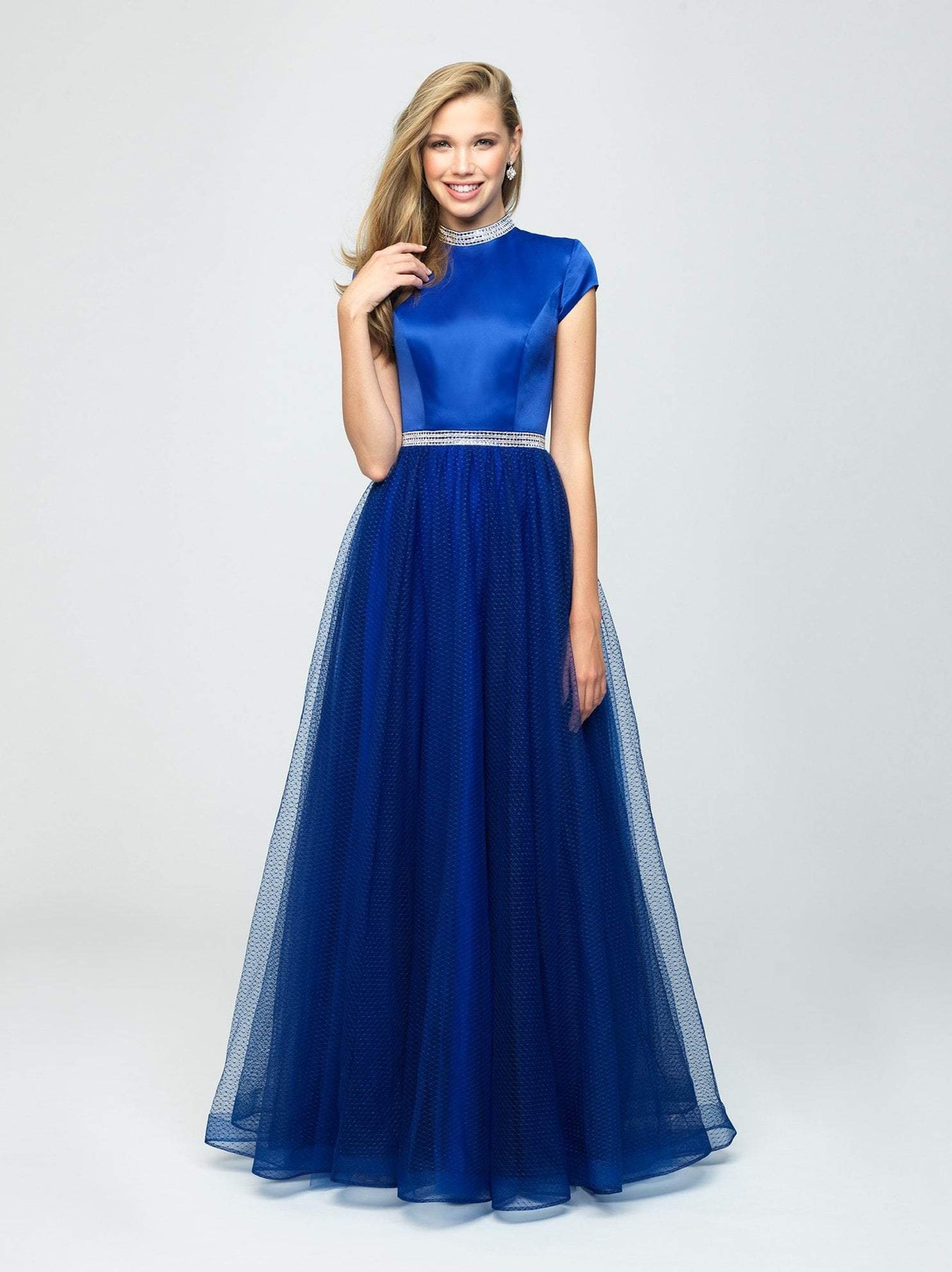 Madison James - 19-255M Satin High Neck Dotted Swiss Tulle Aline Dress Special Occasion Dress 0 / Royal