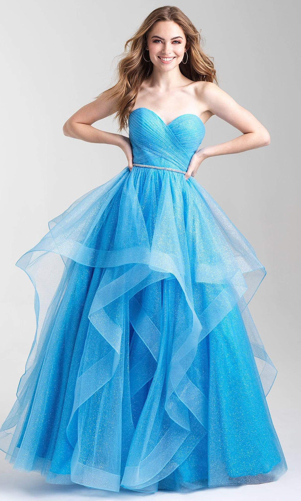 Madison James - 20-300 Ruched Strapless Ruffled Ballgown Ball Gowns 2 / Blue