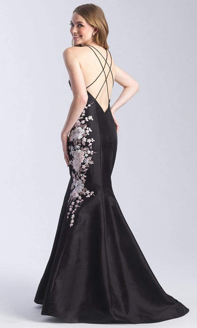 Madison James - 20-301 Floral Applique Halter Mermaid Dress Prom Dresses 2 / Black