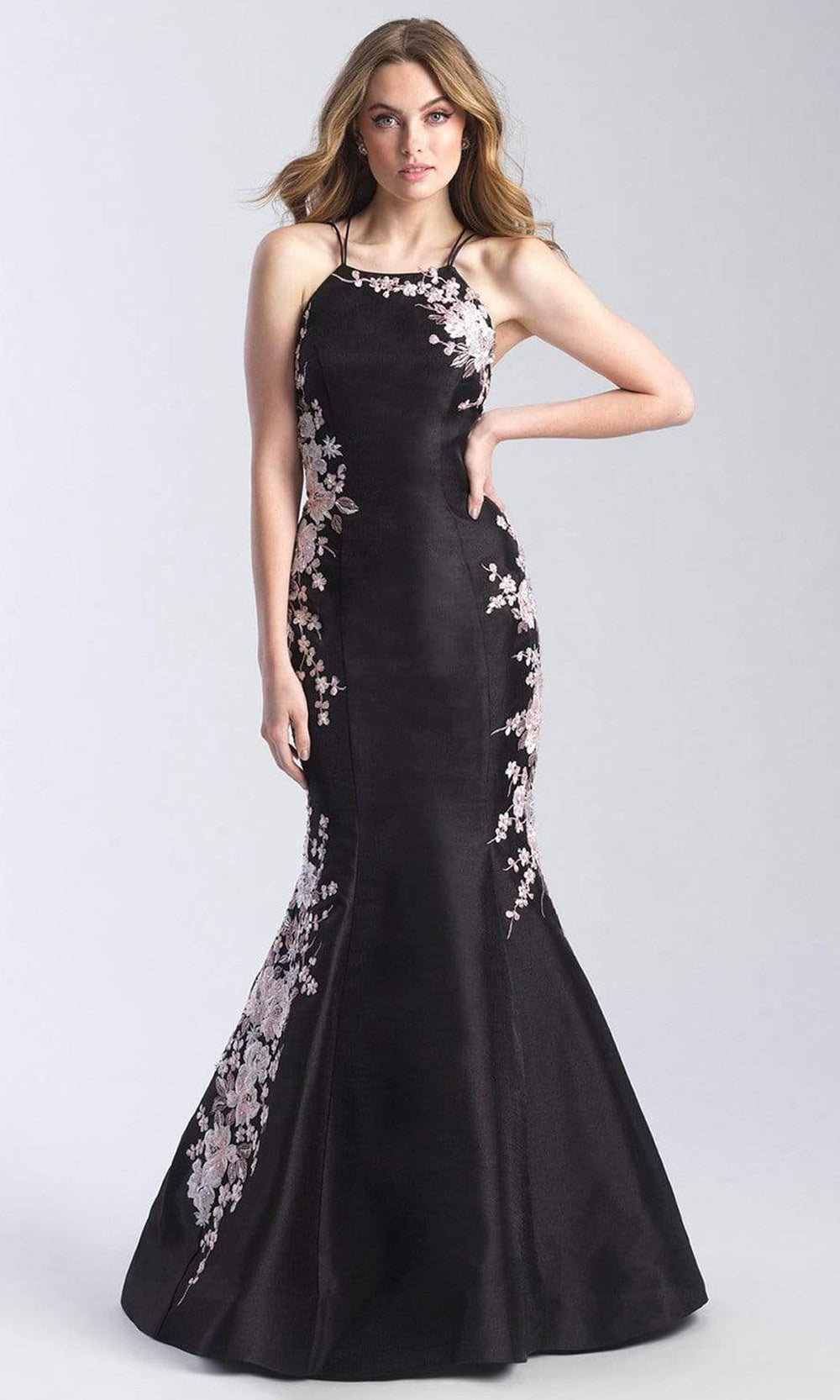 Madison James - 20-301 Floral Applique Halter Mermaid Dress Prom Dresses 2 / Black
