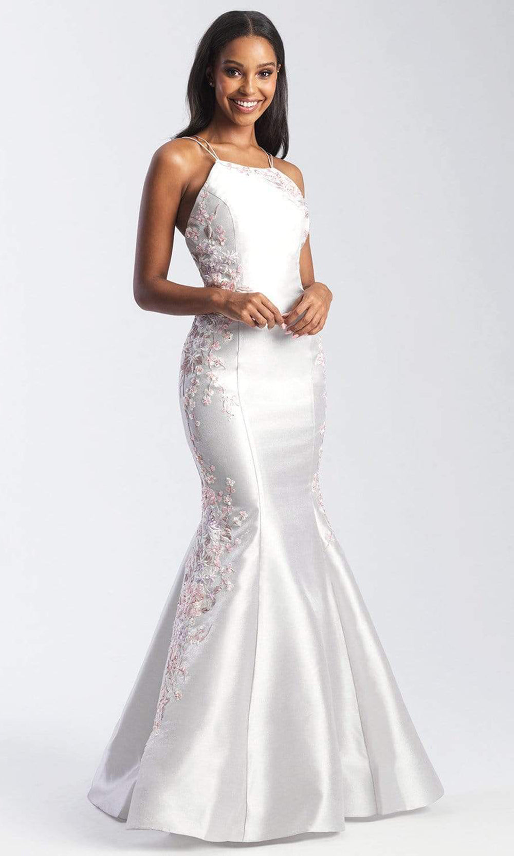 Madison James - 20-301 Floral Applique Halter Mermaid Dress Prom Dresses 2 / Grey