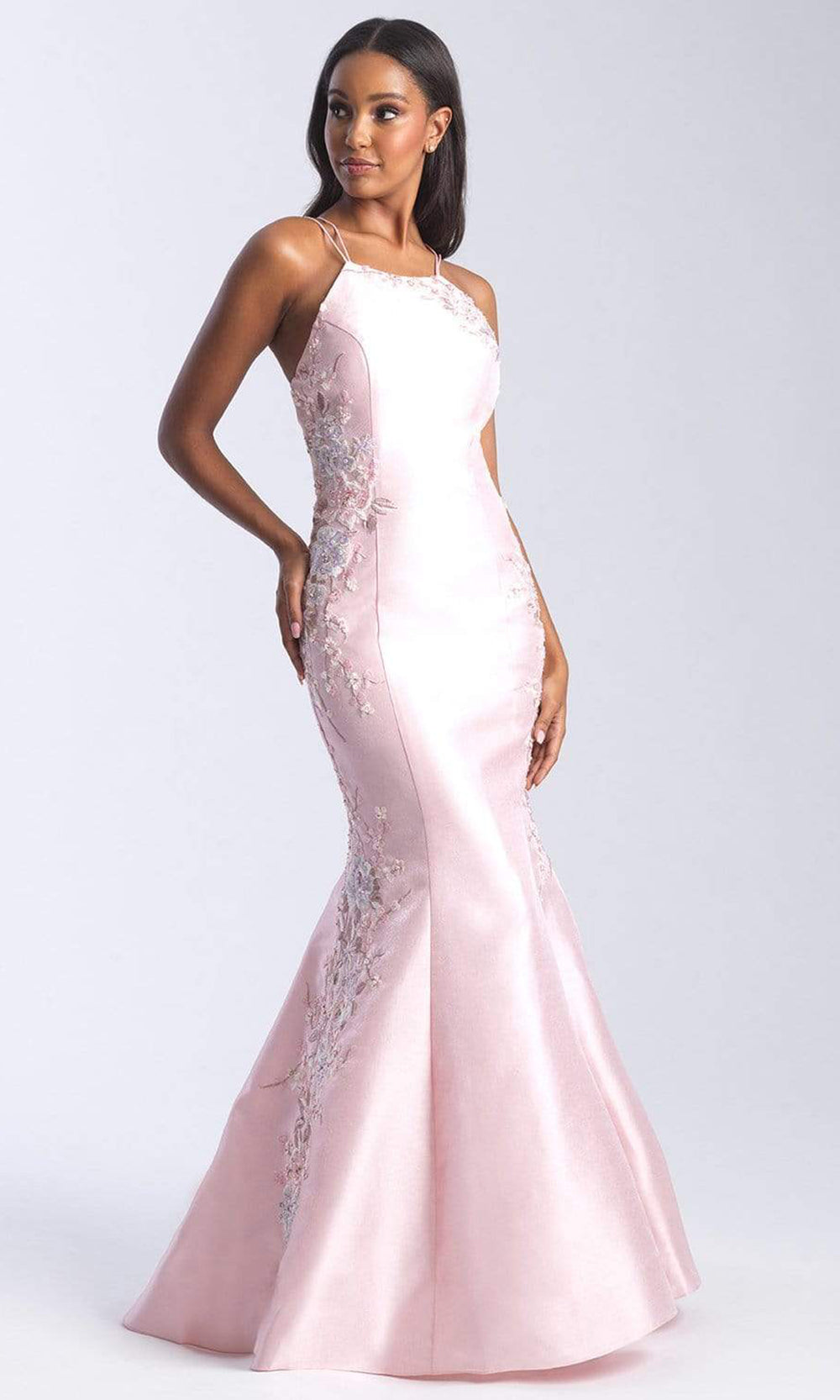Madison James - 20-301 Floral Applique Halter Mermaid Dress Prom Dresses 2 / Pink