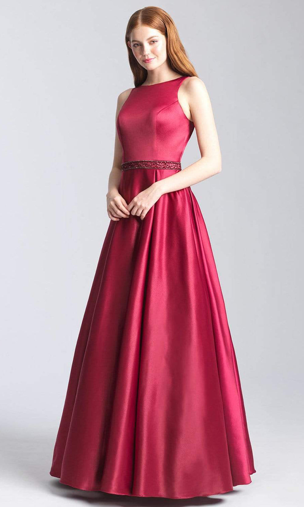 Madison James - 20-305 Bateau Open Back Pleated Ballgown Ball Gowns 2 / Burgundy