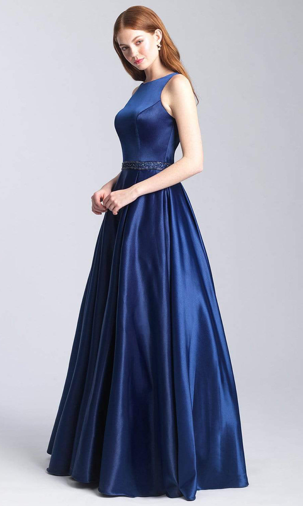 Madison James - 20-305 Bateau Open Back Pleated Ballgown Ball Gowns 2 / Navy