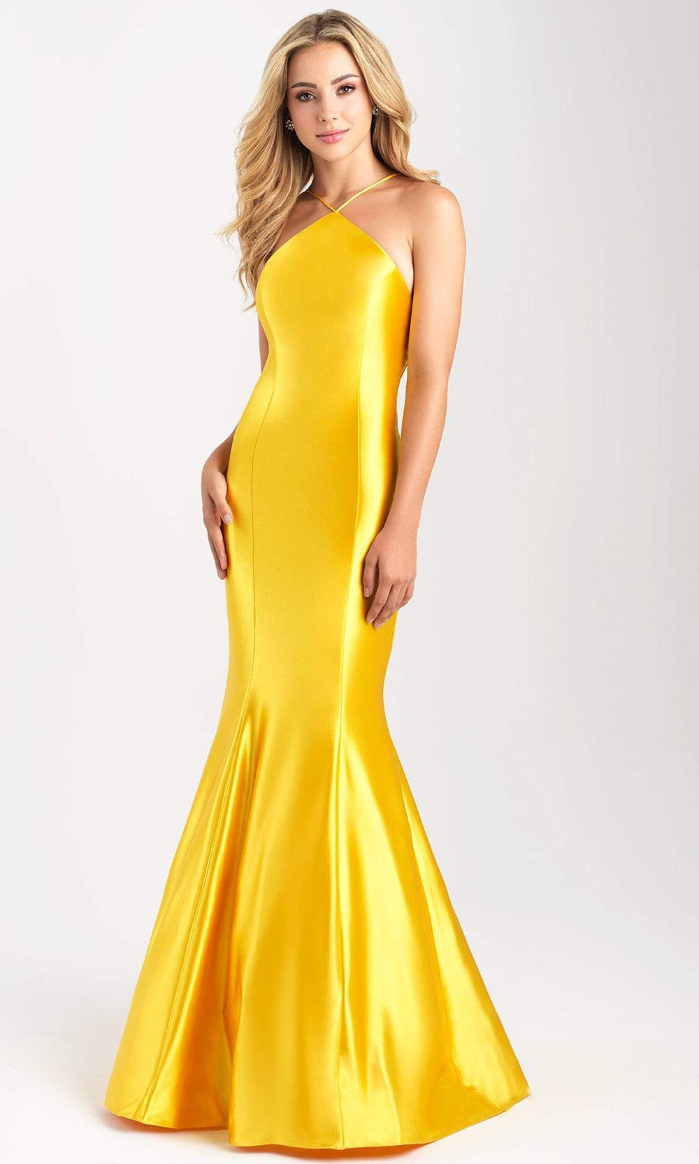 Madison James - 20-308 Halter Neck Open Back Mermaid Evening Gown Pageant Dresses 2 / Canary