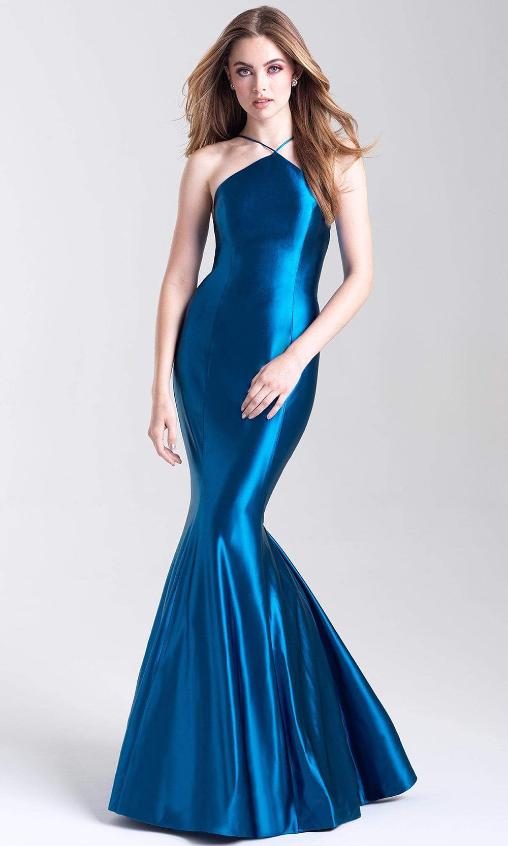 Madison James - 20-308 Halter Neck Open Back Mermaid Evening Gown Pageant Dresses 2 / Teal