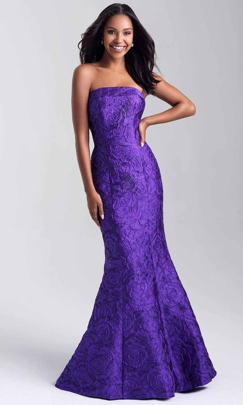 Madison James - 20-315 Floral Brocade Strapless Mermaid Dress Prom Dresses 2 / Purple