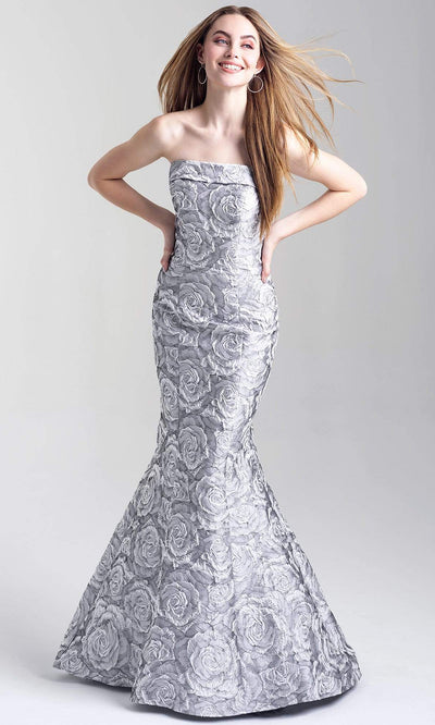 Madison James - 20-315 Floral Brocade Strapless Mermaid Dress Prom Dresses 2 / Silver