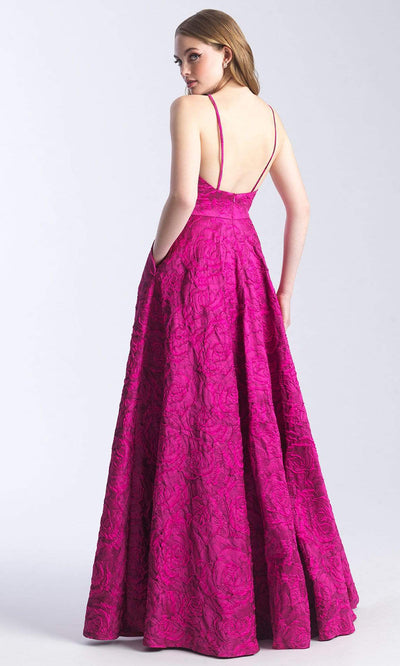 Madison James - 20-316 Floral Jacquard Plunging V-Neck Gown Prom Dresses 2 / Fuchsia