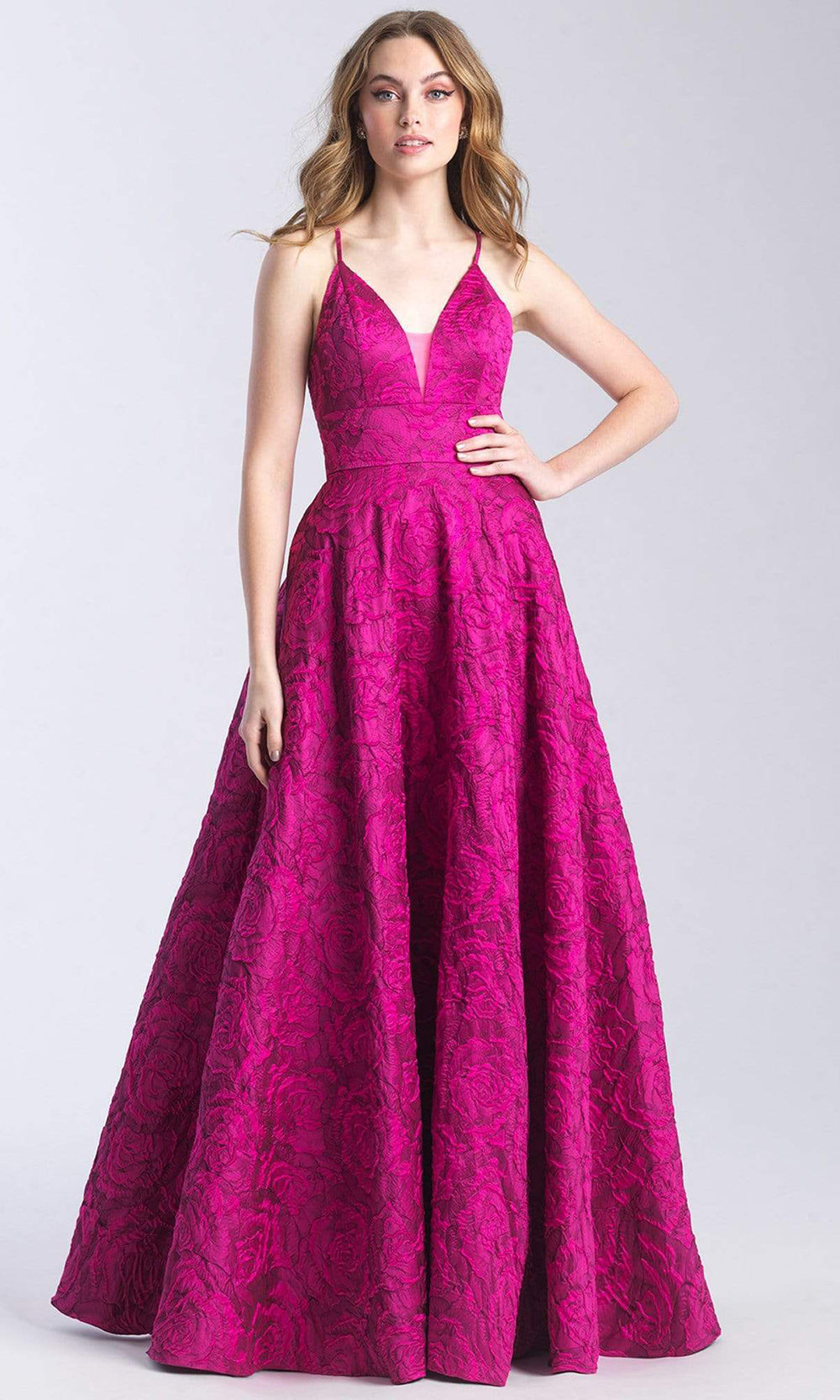 Madison James - 20-316 Floral Jacquard Plunging V-Neck Gown Prom Dresses 2 / Fuchsia