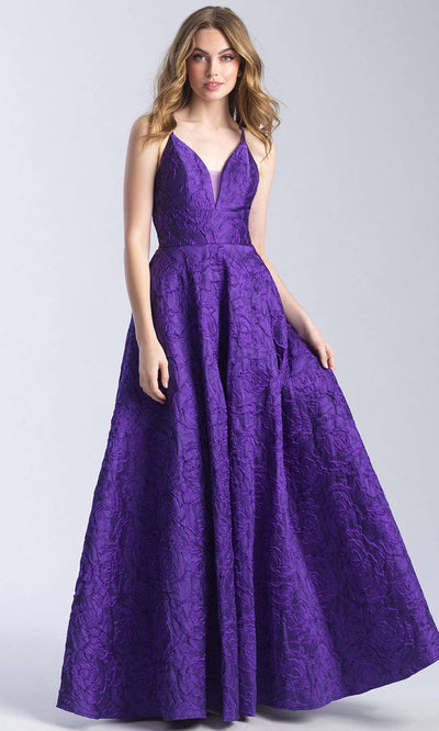 Madison James - 20-316 Floral Jacquard Plunging V-Neck Gown Prom Dresses 2 / Purple